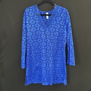 Liz Claiborne Spring Bouquet Swimwear Cover Up Saphire blue Long Sleeves NWT